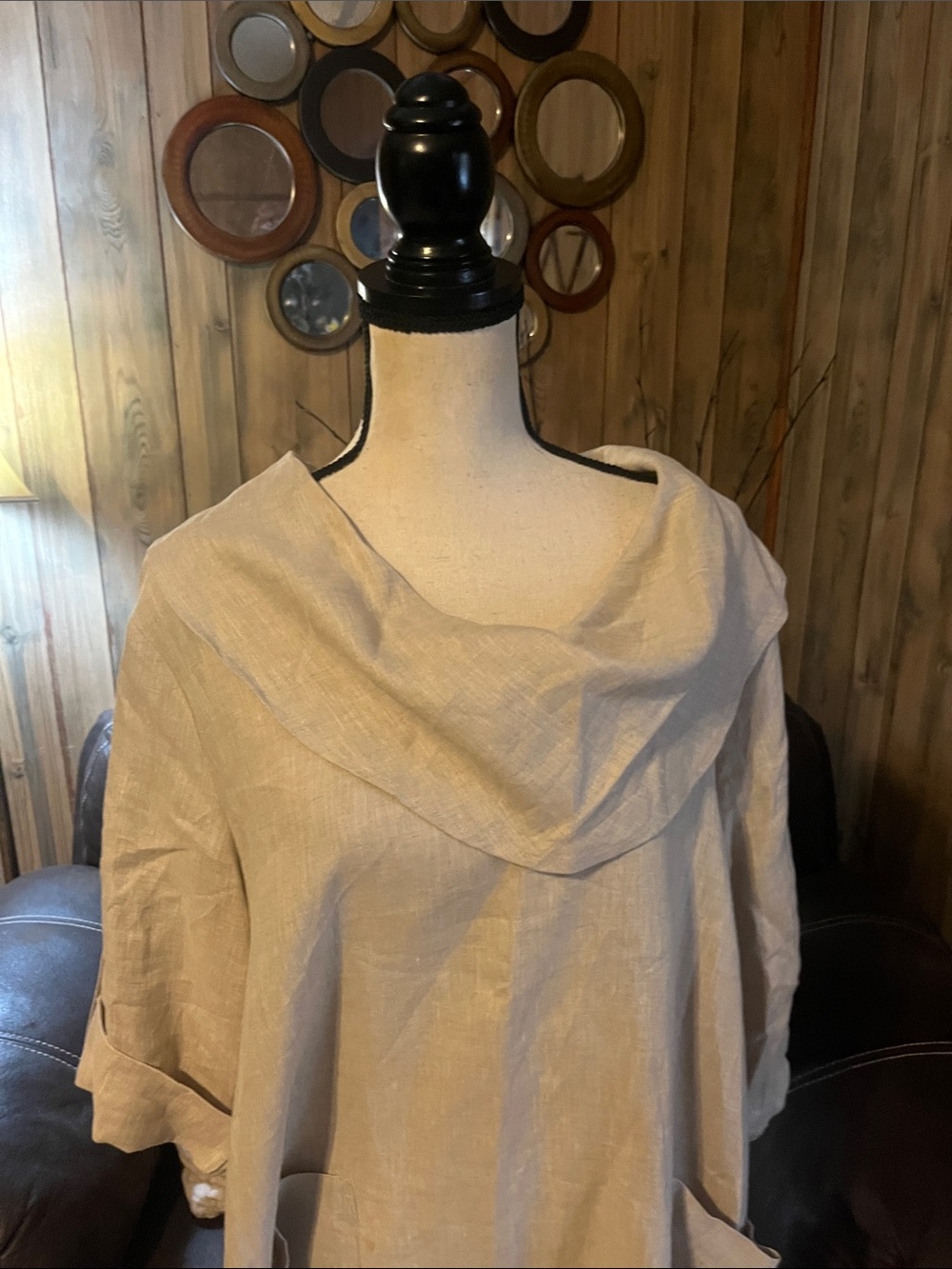 Ali Miles Beige Linen Draped Cowl Neck Tunic Top Lagenlook Boho Artisan European - Picture 3 of 9